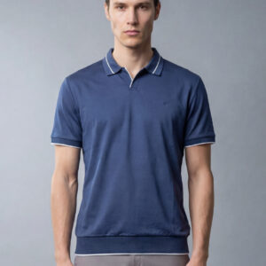 Polo Ajusté À Col Ouvert Finition Côtelée - Bleu