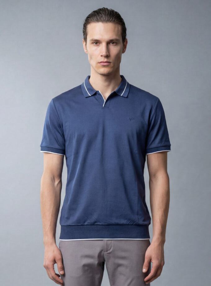 Polo Ajusté À Col Ouvert Finition Côtelée - Bleu