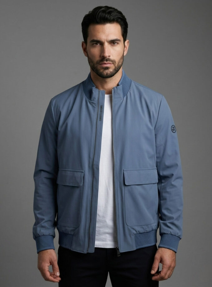 Blouson Bomber Minimaliste – Bleu Acier