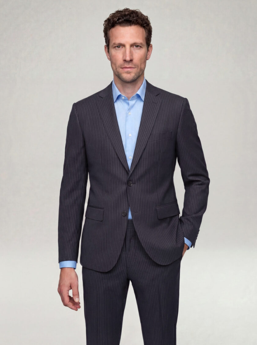 Costume 2 Pièces Ajusté Rayé Fine – Bleu Nuit