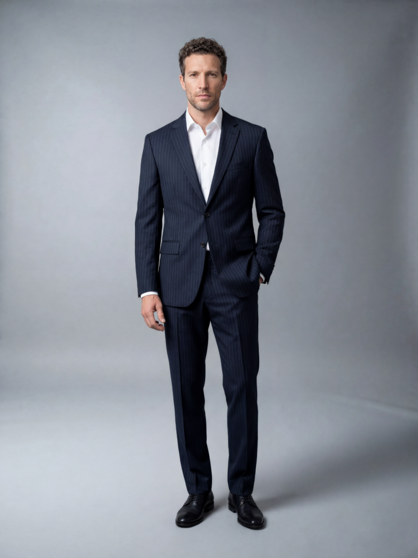 Costume 2 Pièces Ajusté Rayé – Bleu Nuit – Image 6