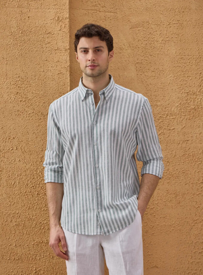 Chemise Ajustée En Lin Rayures - Vert