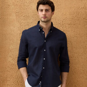 Chemise Ajustée En Lin - Bleu Marine