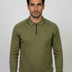 Pull Ajusté Col Polo Zippé - Khaki
