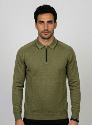Pull Ajusté Col Polo Zippé - Khaki