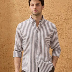 Chemise Ajustée En Lin Rayures - Marron