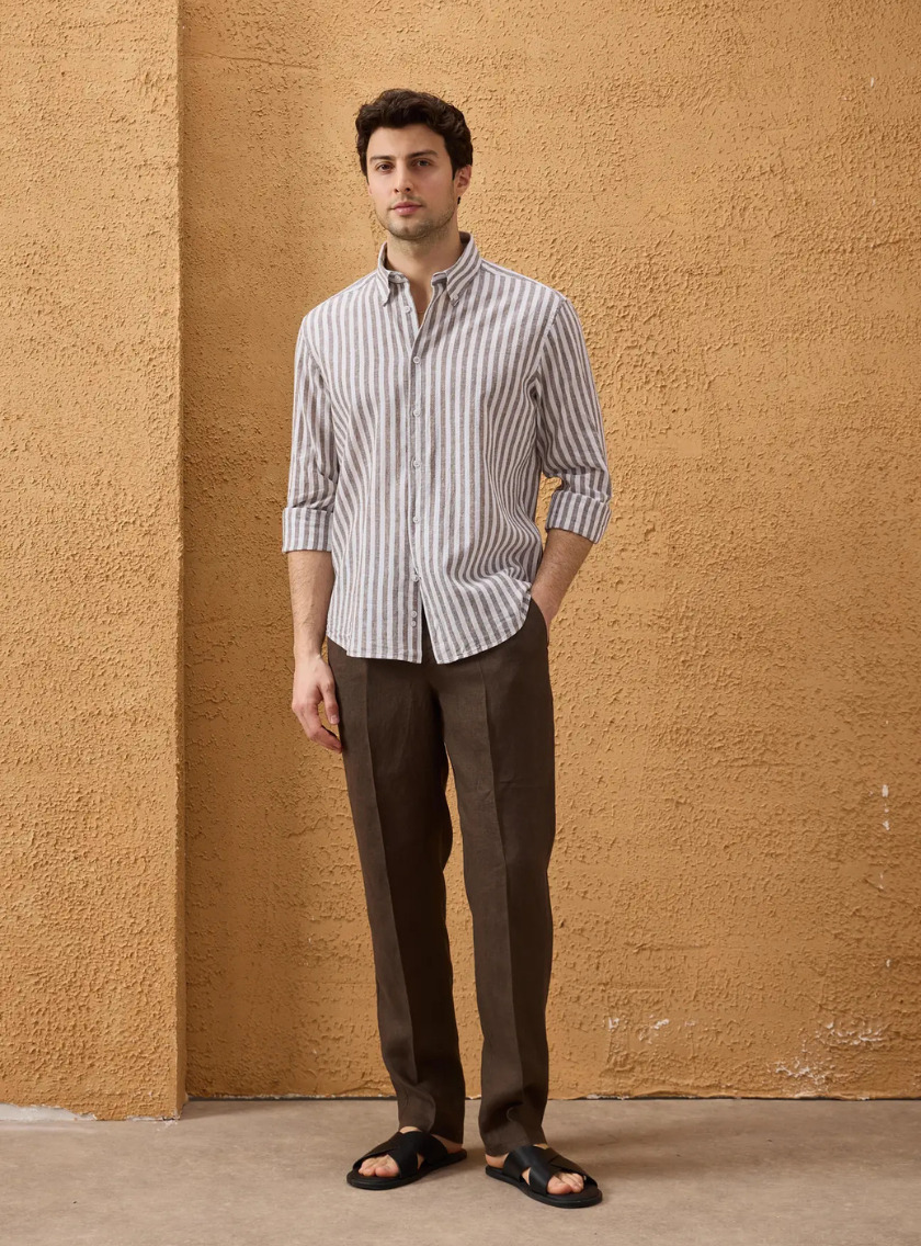 Chemise Ajustée En Lin Rayures - Marron – Image 3
