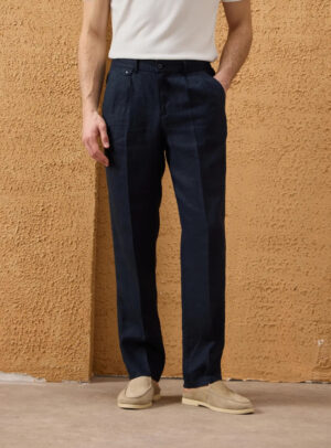 Pantalon Relax En Lin - Bleu Marine