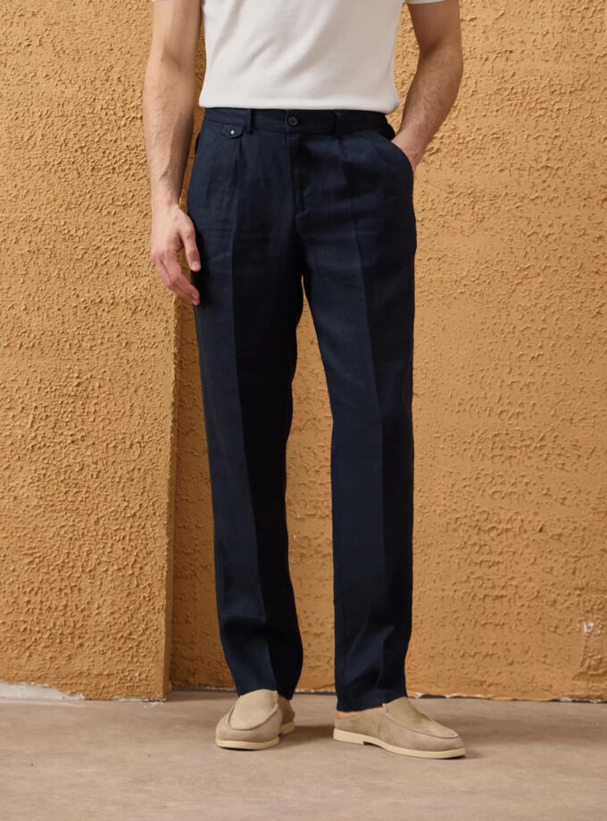 Pantalon Relax En Lin - Bleu Marine