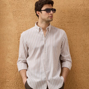 Chemise Ajustée En Lin Rayures - Beige
