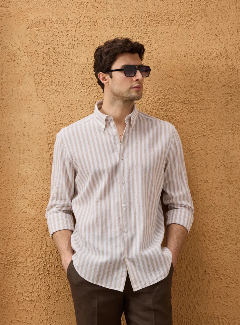 Chemise Ajustée En Lin Rayures - Beige