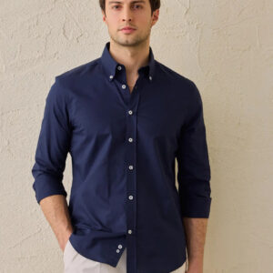 Chemise Ajustée En Coton - Bleu Marine