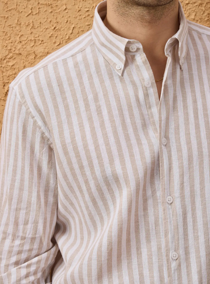 Chemise Ajustée En Lin Rayures - Beige – Image 2