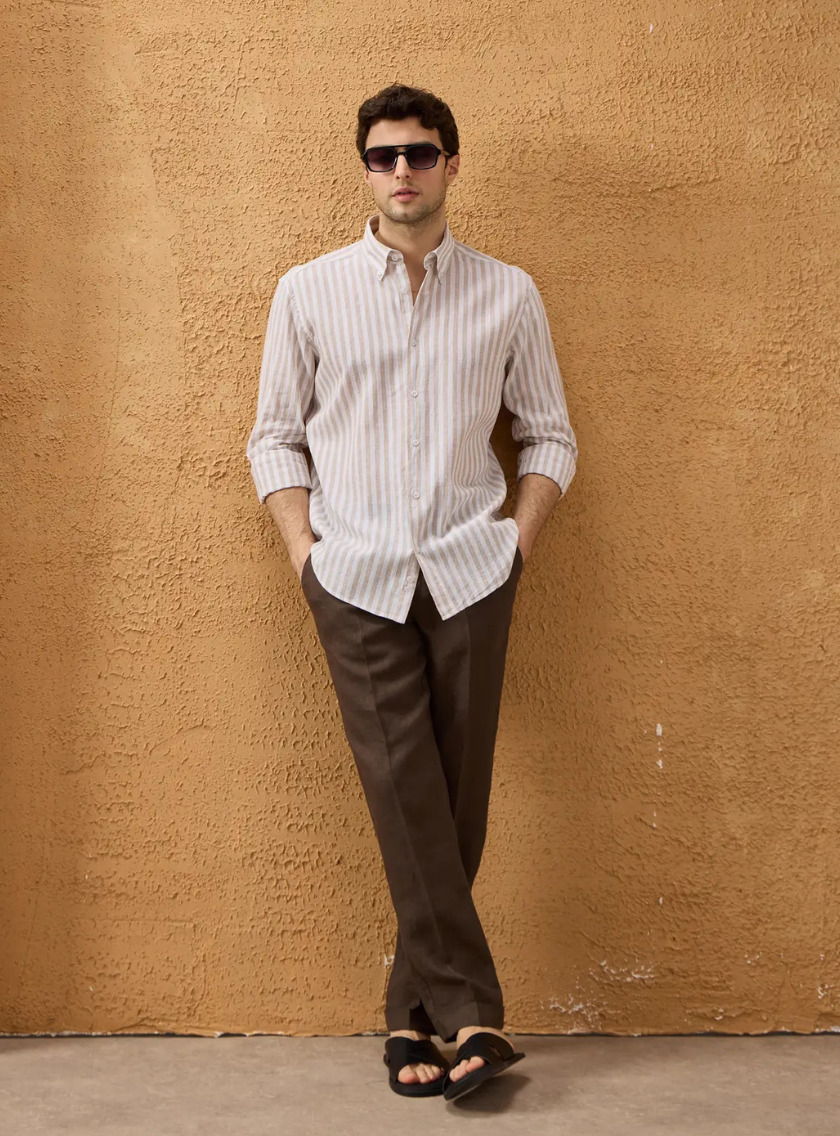 Chemise Ajustée En Lin Rayures - Beige – Image 3