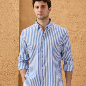 Chemise Ajustée En Lin Rayures - Bleu