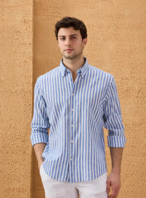 Chemise Ajustée En Lin Rayures - Bleu