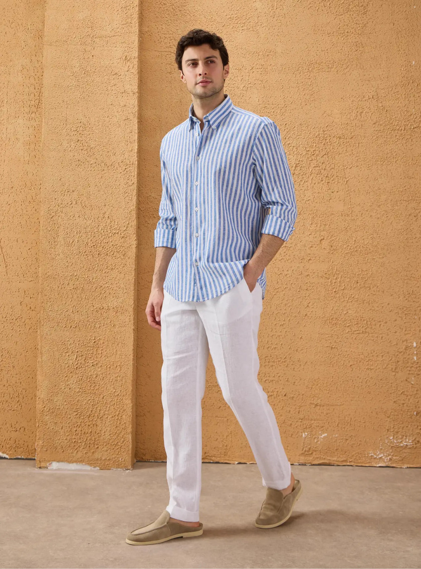 Chemise Ajustée En Lin Rayures - Bleu – Image 3