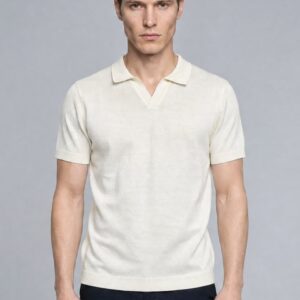 Polo Ajusté Col Ouvert En Maille - Ecru
