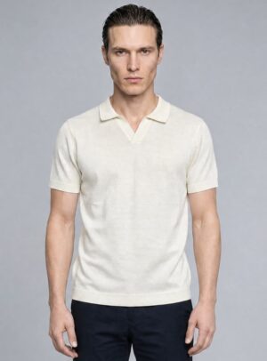 Polo Ajusté Col Ouvert En Maille - Ecru
