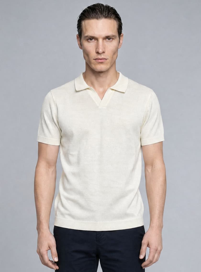 Polo Ajusté Col Ouvert En Maille - Ecru