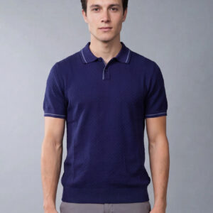 Polo Ajusté Col Boutonné En Maille Texturé - Bleu Royale