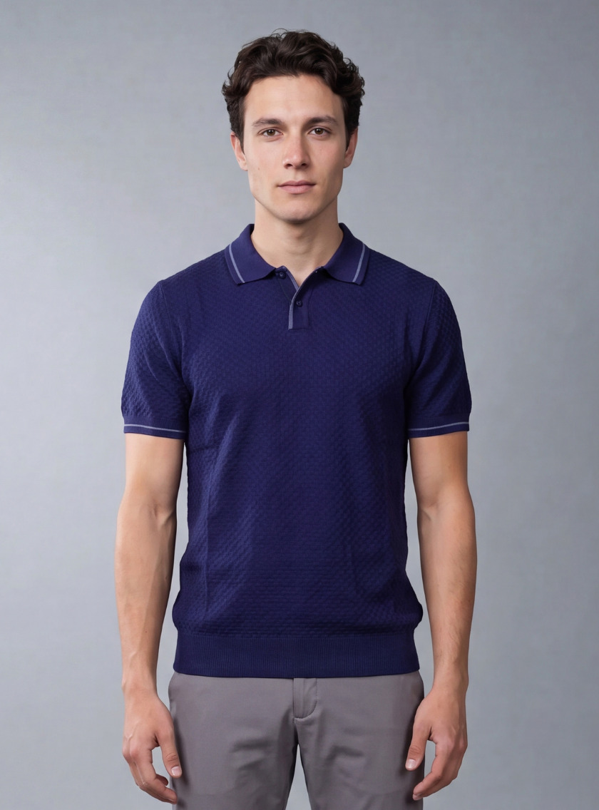 Polo Ajusté Col Boutonné En Maille Texturé - Bleu Royale
