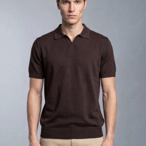 Polo Ajusté Col Ouvert En Maille - Marron