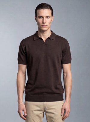 Polo Ajusté Col Ouvert En Maille - Marron