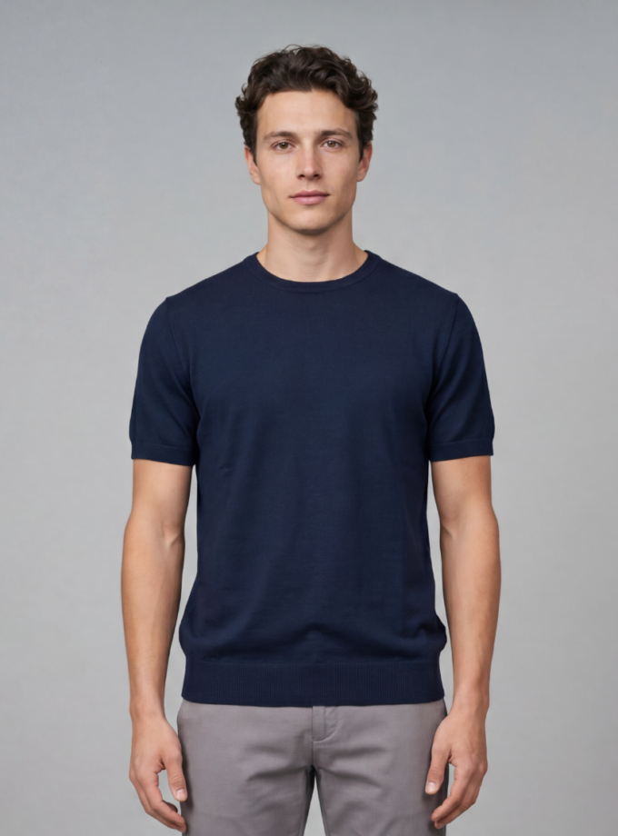 T-shirt Uni En Maille - Bleu Marine