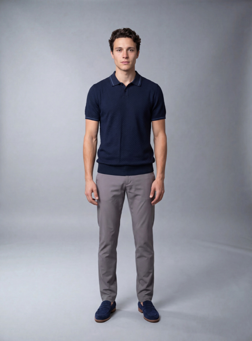 Polo Ajusté Col Boutonné En Maille Texturé - Bleu Marine – Image 4