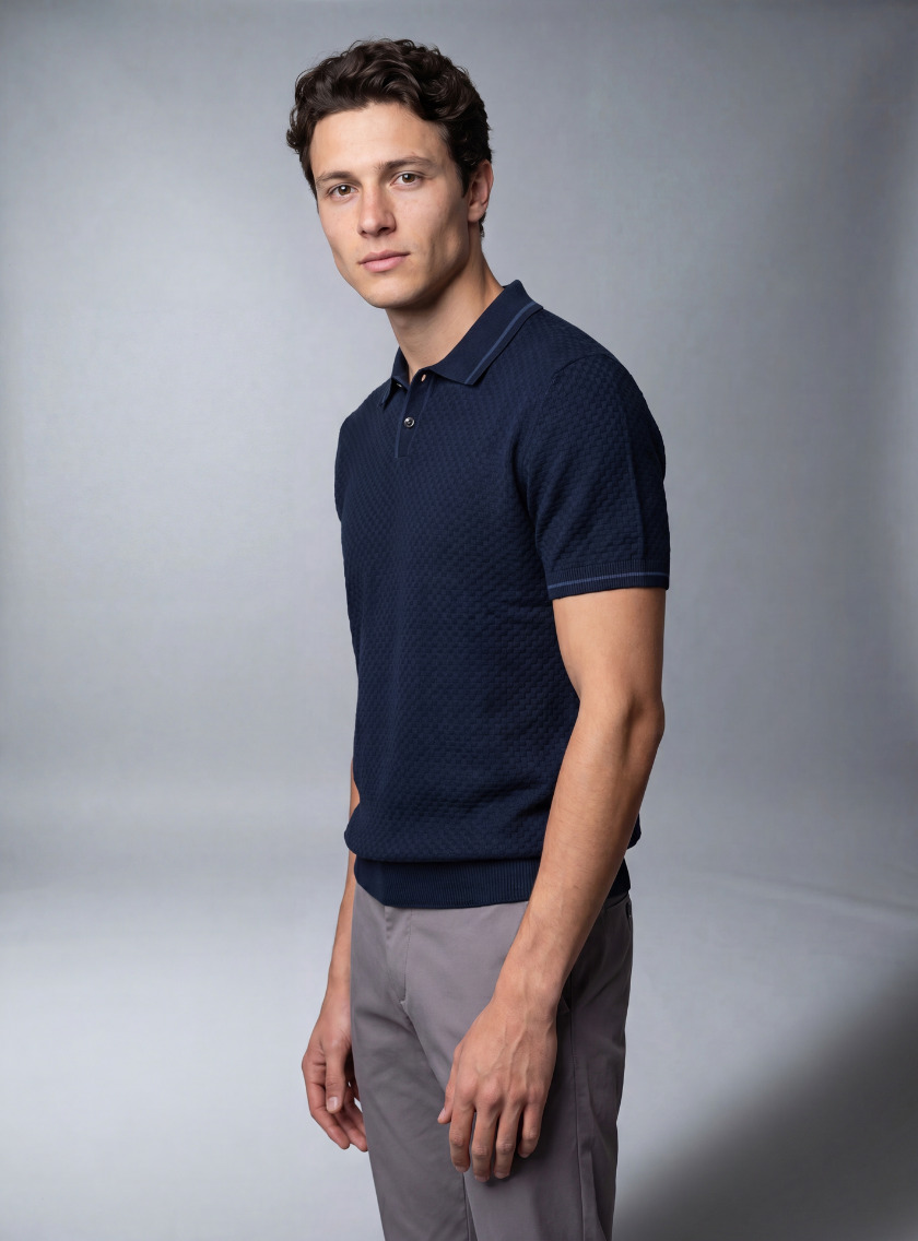 Polo Ajusté Col Boutonné En Maille Texturé - Bleu Marine – Image 2