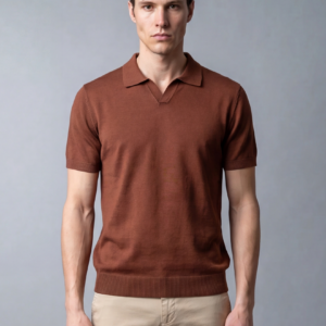 Polo Ajusté Col Ouvert En Maille - Tabac