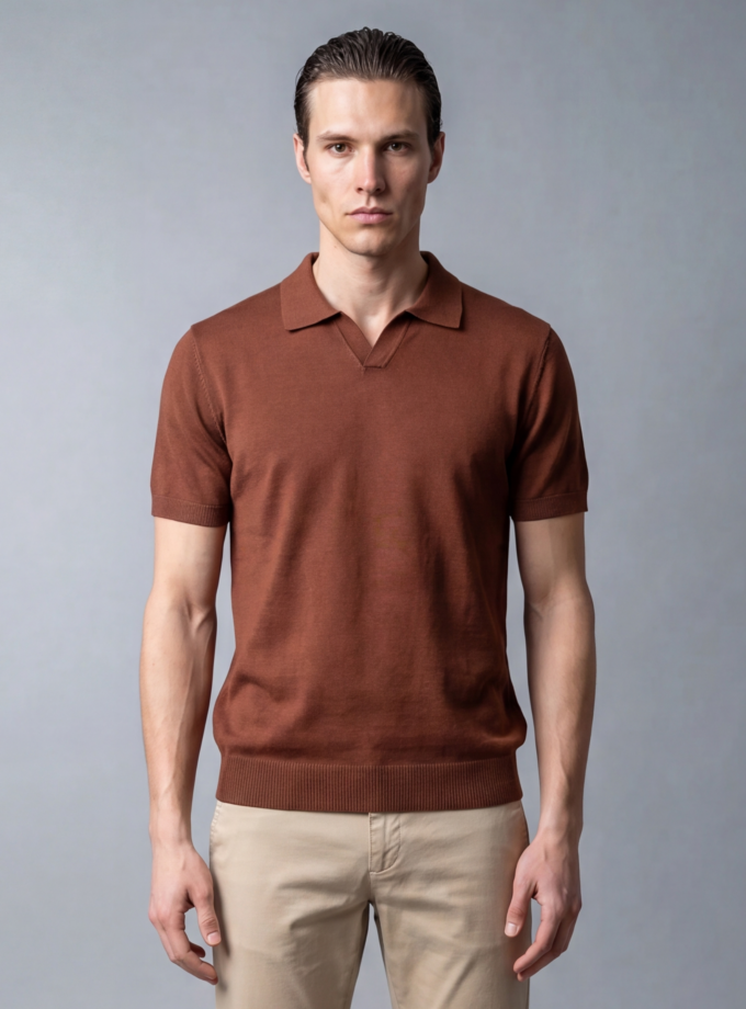 Polo Ajusté Col Ouvert En Maille - Tabac