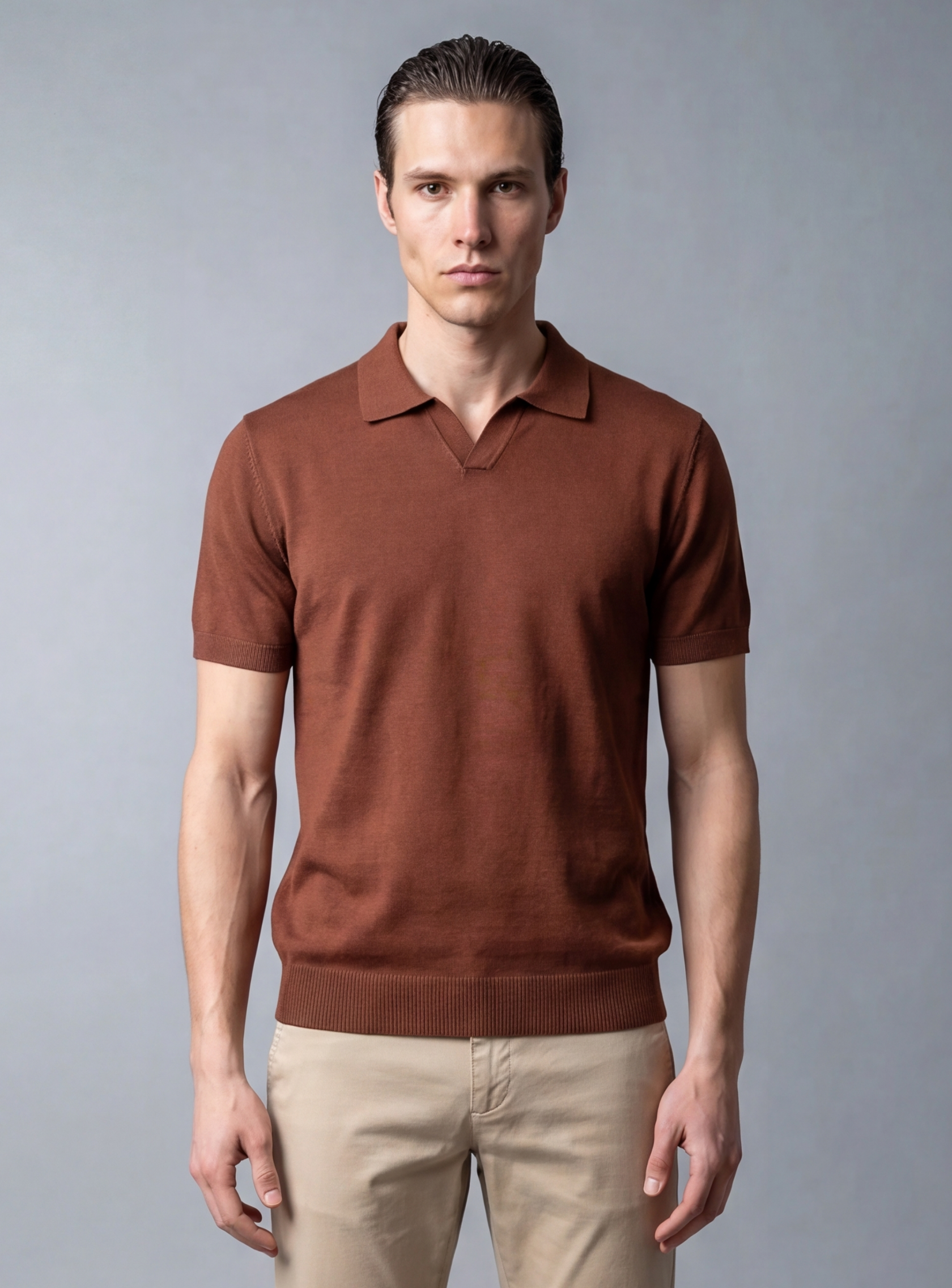 Polo Ajusté Col Ouvert En Maille - Tabac