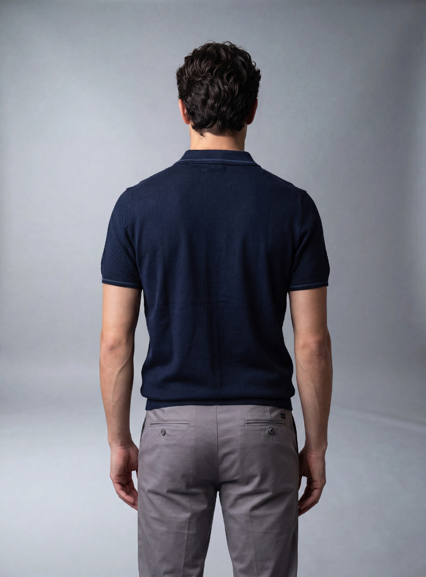 Polo Ajusté Col Boutonné En Maille Texturé - Bleu Marine – Image 3