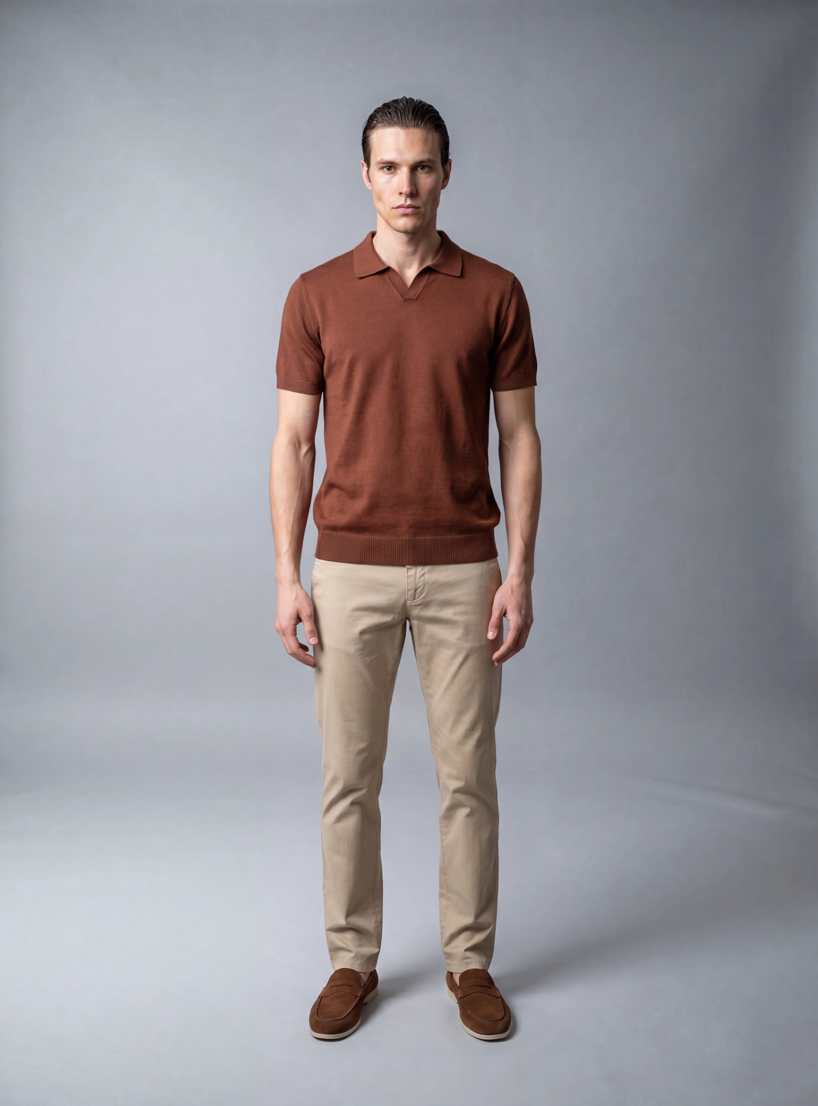 Polo Ajusté Col Ouvert En Maille - Tabac – Image 4