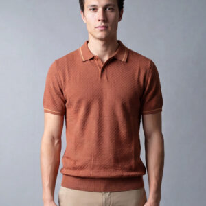 Polo Ajusté Col Boutonné En Maille Texturé - Orange