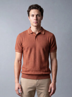 Polo Ajusté Col Boutonné En Maille Texturé - Orange