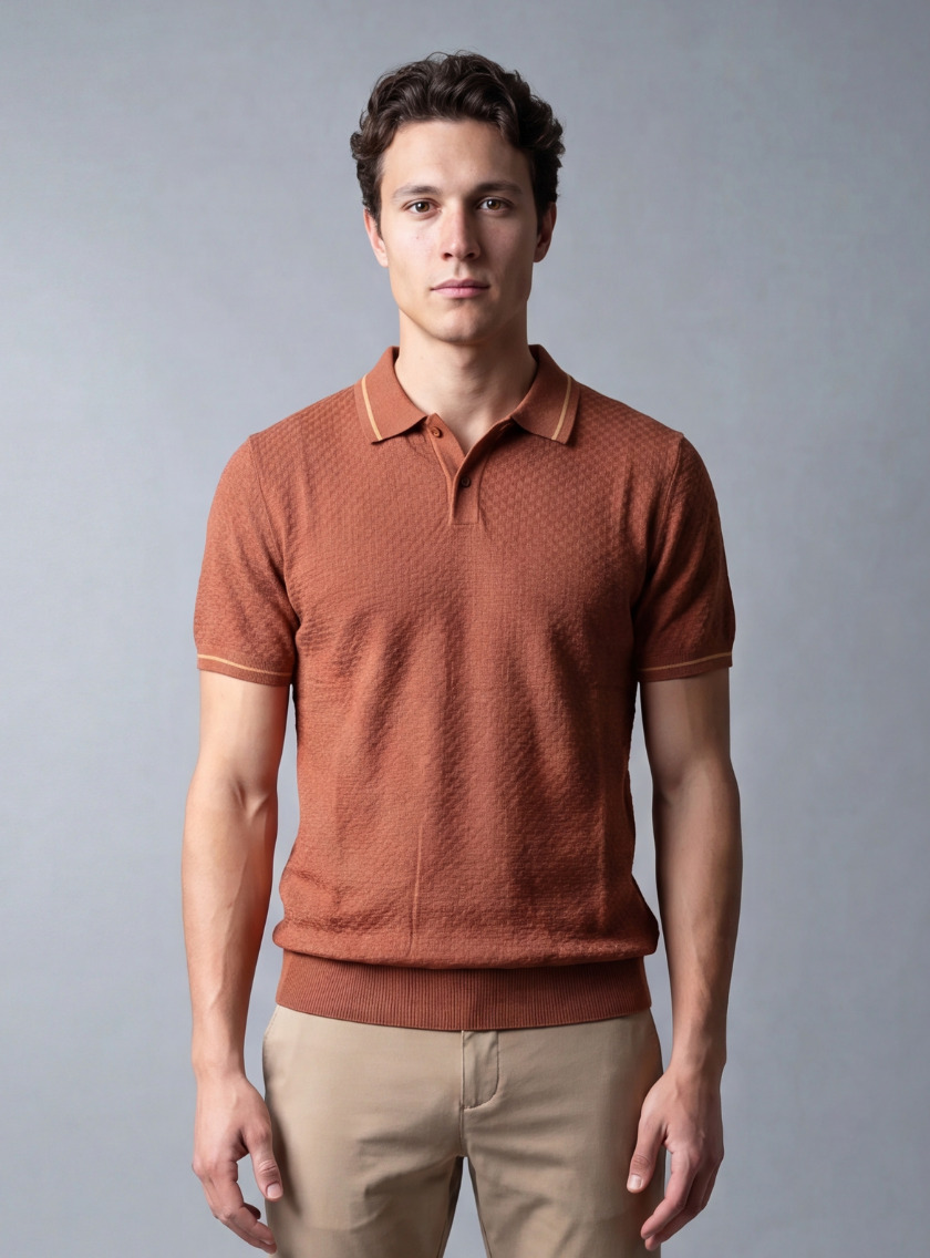Polo Ajusté Col Boutonné En Maille Texturé - Orange