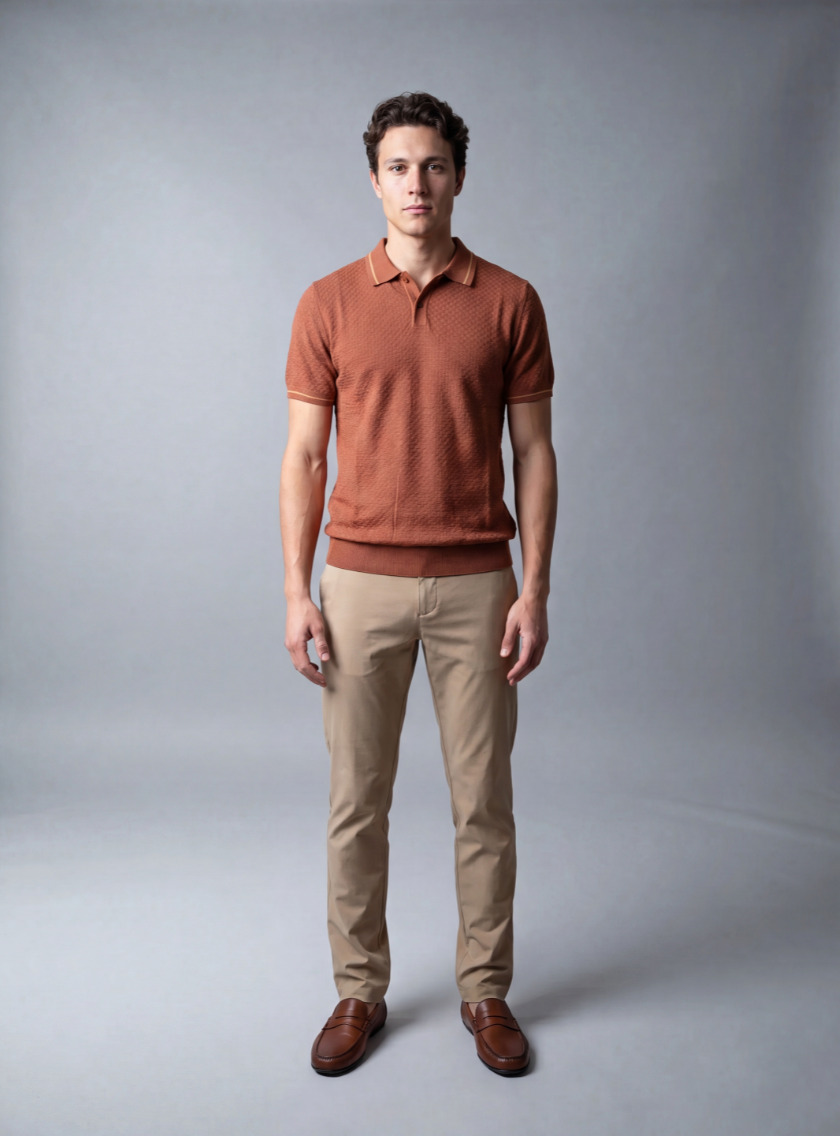Polo Ajusté Col Boutonné En Maille Texturé - Orange – Image 4
