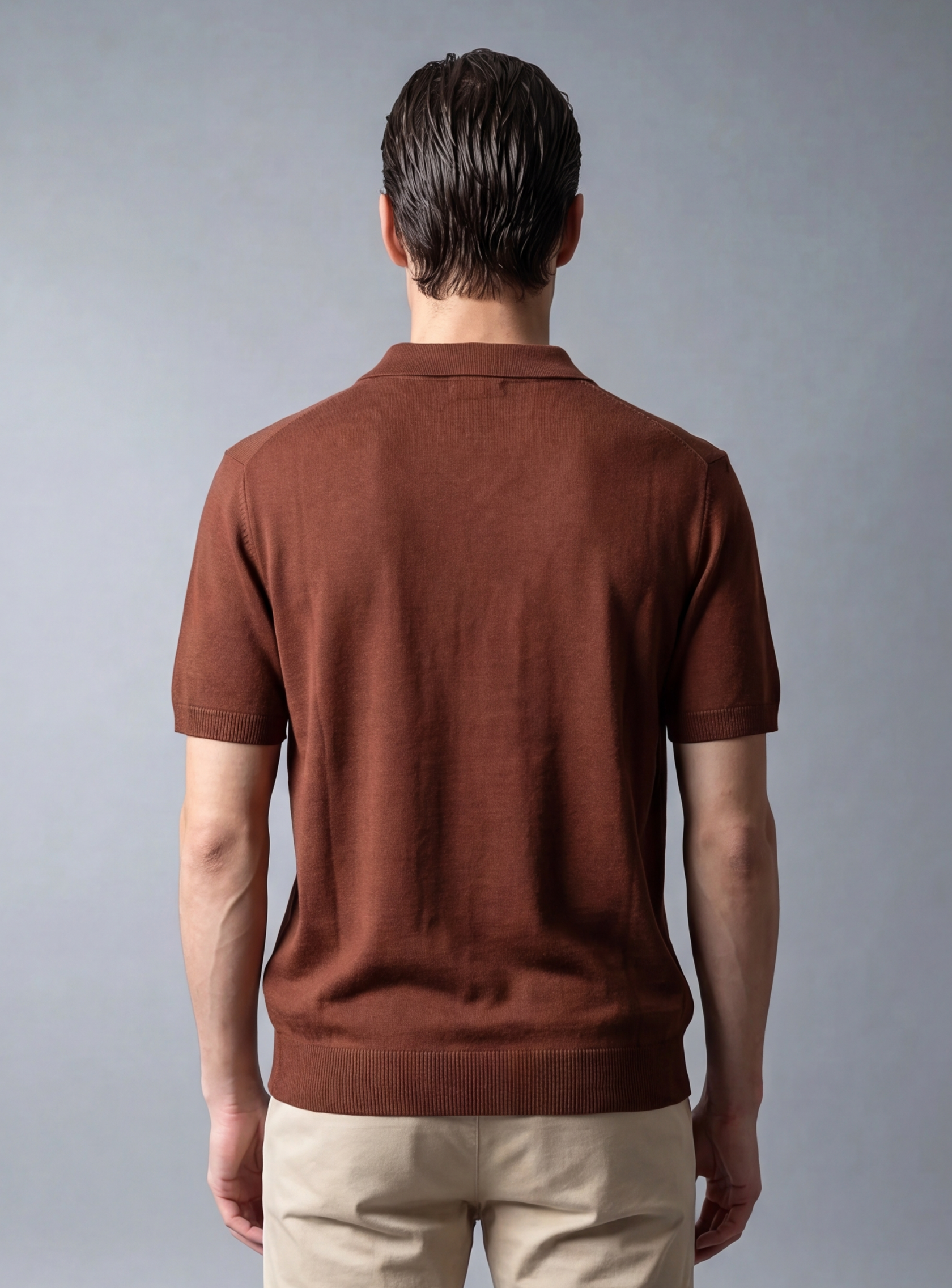 Polo Ajusté Col Ouvert En Maille - Tabac – Image 3