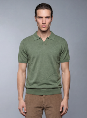 Polo Ajusté Col Ouvert En Maille - Vert