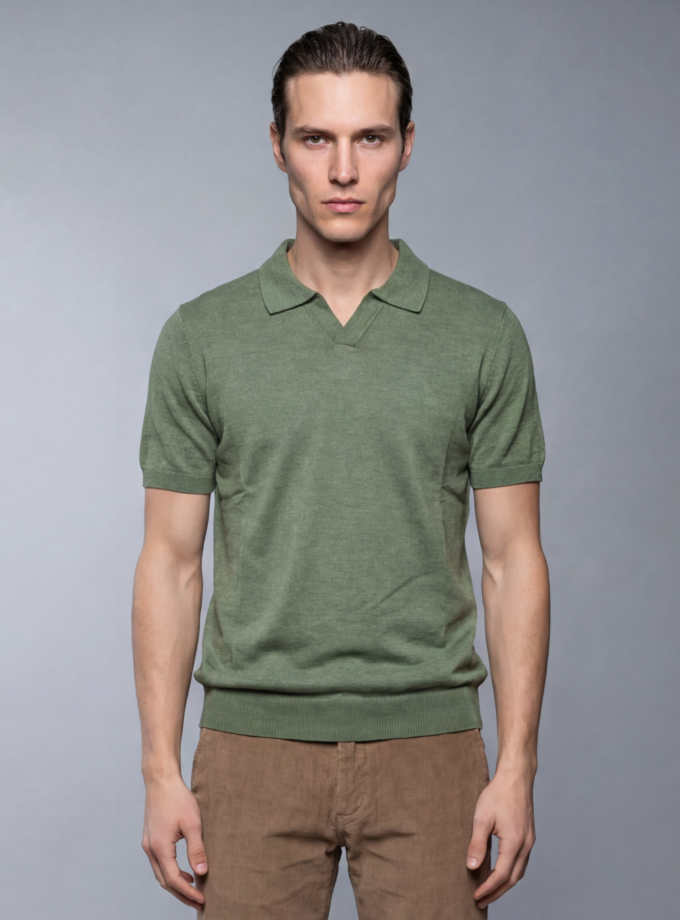 Polo Ajusté Col Ouvert En Maille - Vert