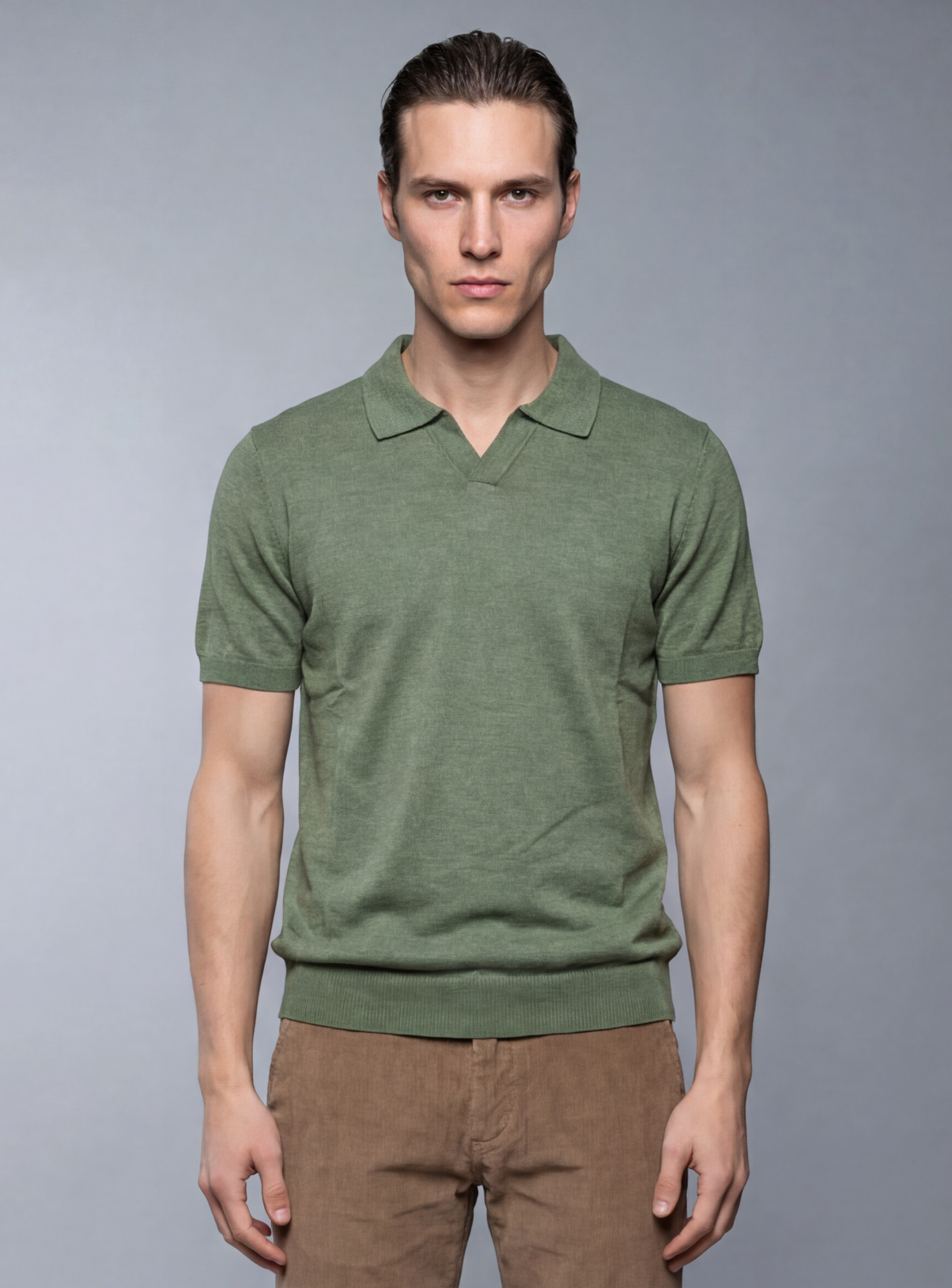 Polo Ajusté Col Ouvert En Maille - Vert