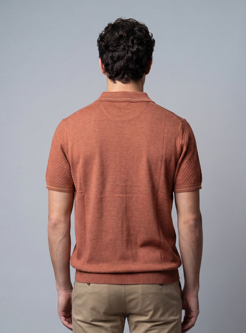 Polo Ajusté Col Boutonné En Maille Texturé - Orange – Image 3