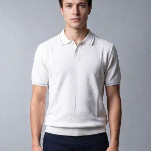 Polo Ajusté Col Boutonné En Maille Texturé - Ecru