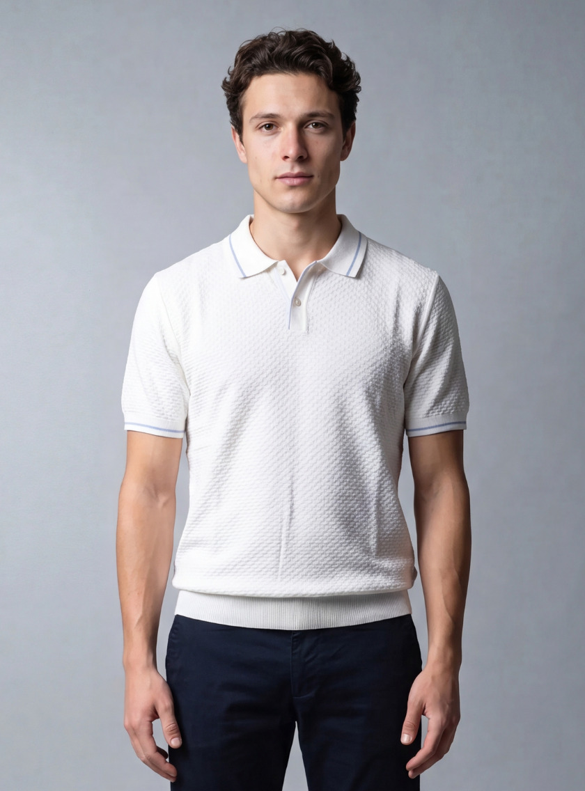Polo Ajusté Col Boutonné En Maille Texturé - Ecru
