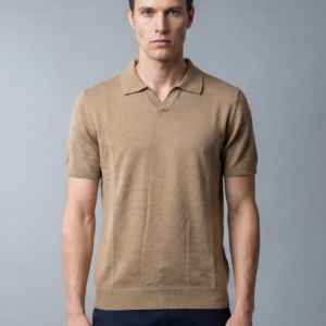 Polo Ajusté Col Ouvert En Maille - Beige