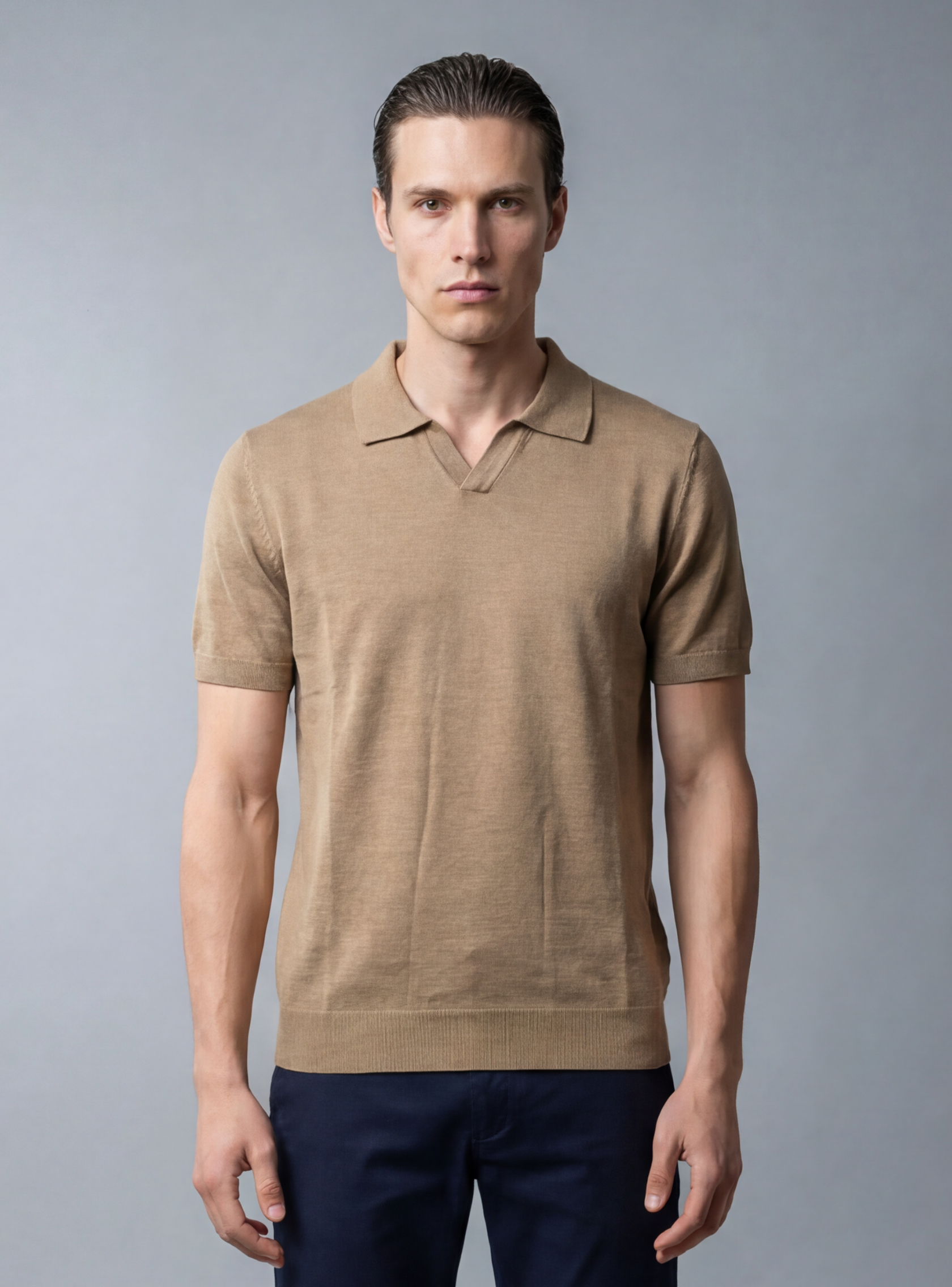 Polo Ajusté Col Ouvert En Maille - Beige