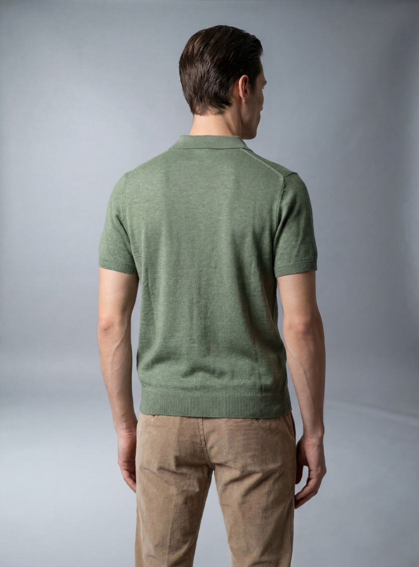 Polo Ajusté Col Ouvert En Maille - Vert – Image 3